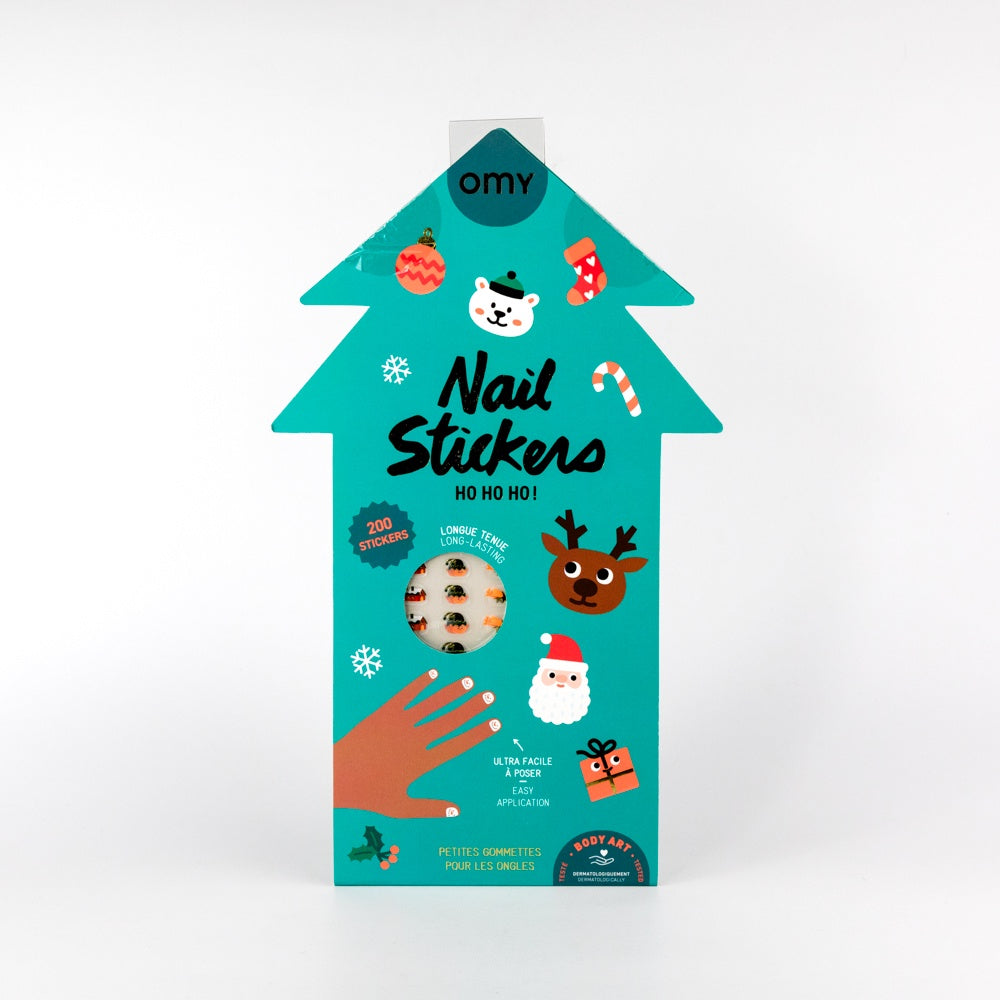 Packaging of nail stickers with Christmas tree design on a white background