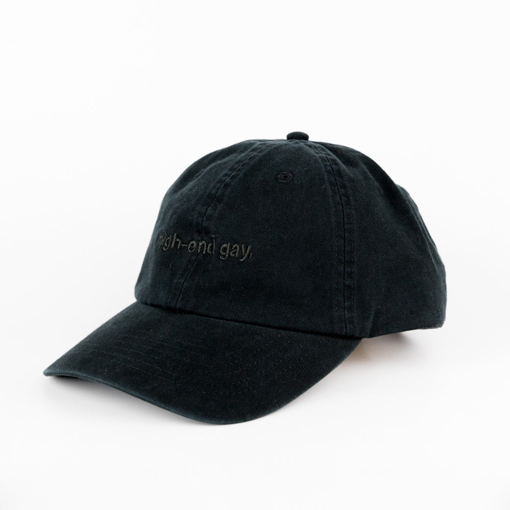 Black cap with text on a white background