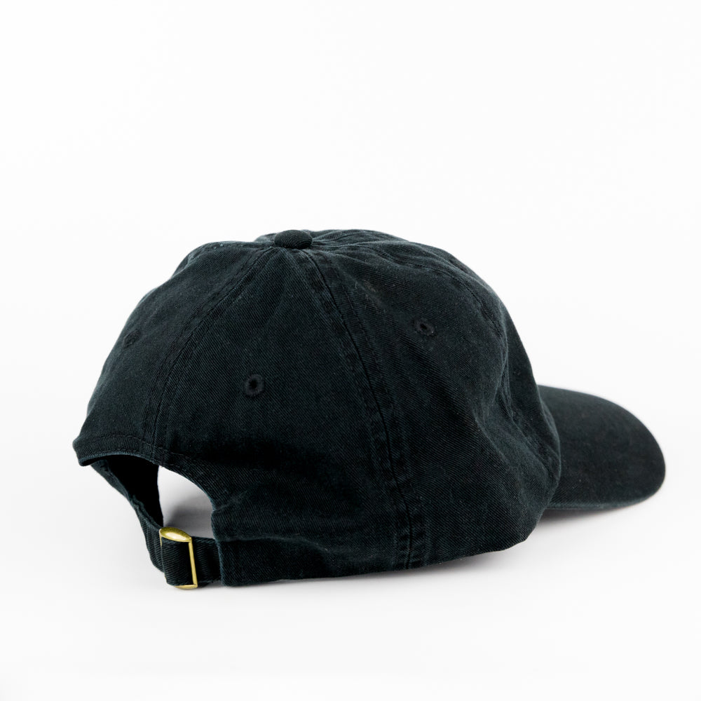 Black cap with text on a white background