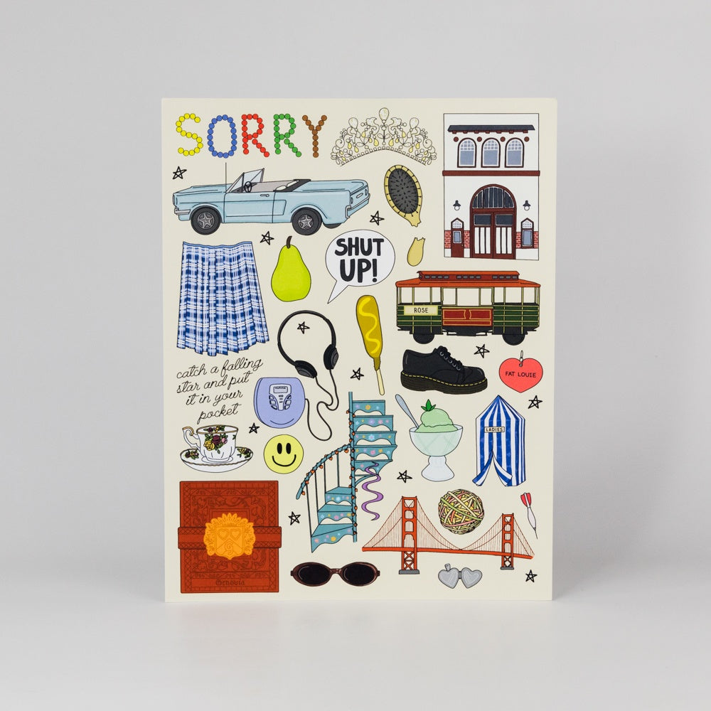 Illustrated print with various graphics and text on a white background