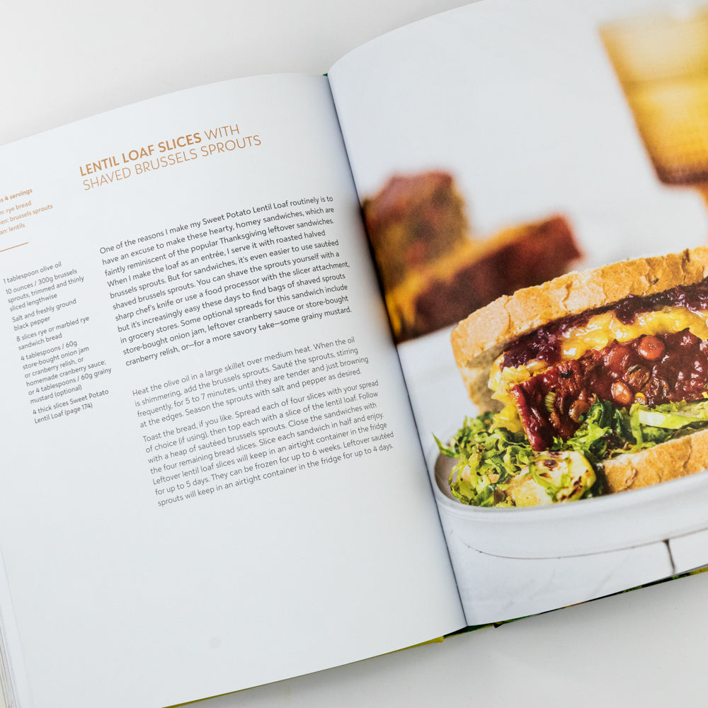 Open cookbook showing a recipe for a lentil loaf with Brussels sprouts