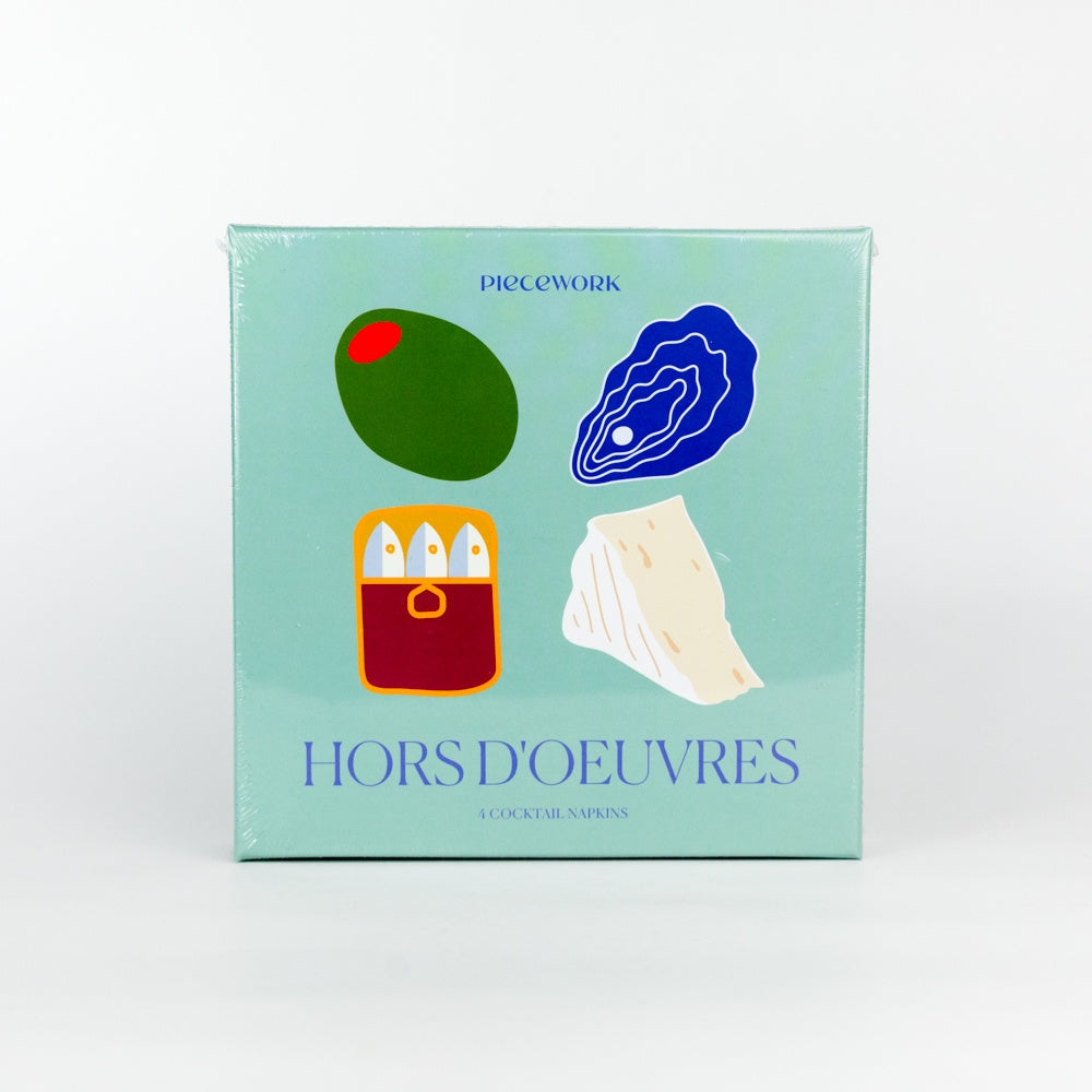 Packaging of 'Hors d'Oeuvres' napkins  on a light green background.