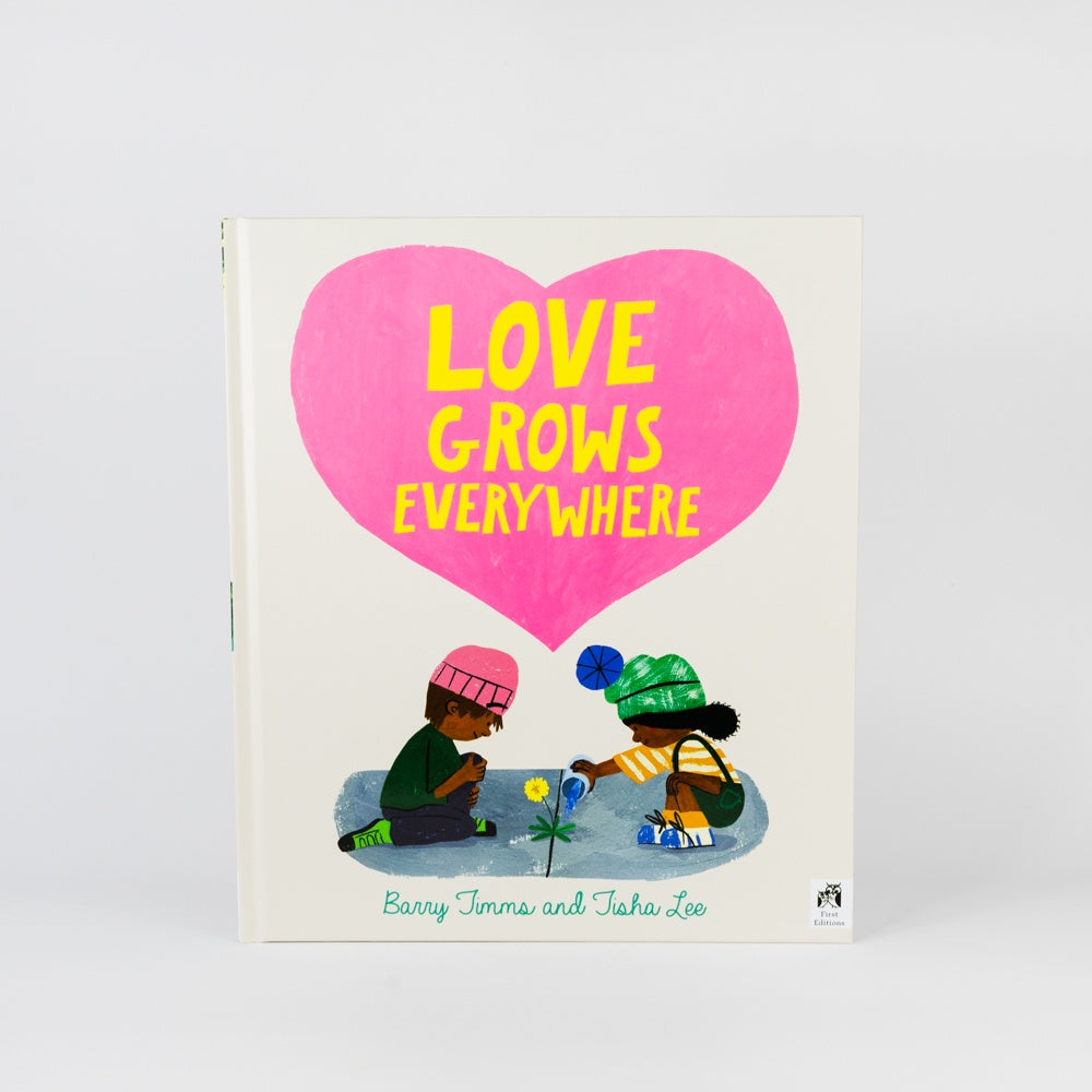 Book cover with two children planting a flower under a pink heart with 'Love Grows Everywhere' text.