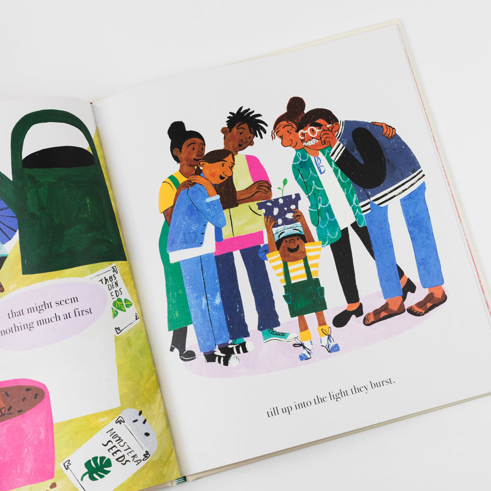 Book cover with two children planting a flower under a pink heart with 'Love Grows Everywhere' text.