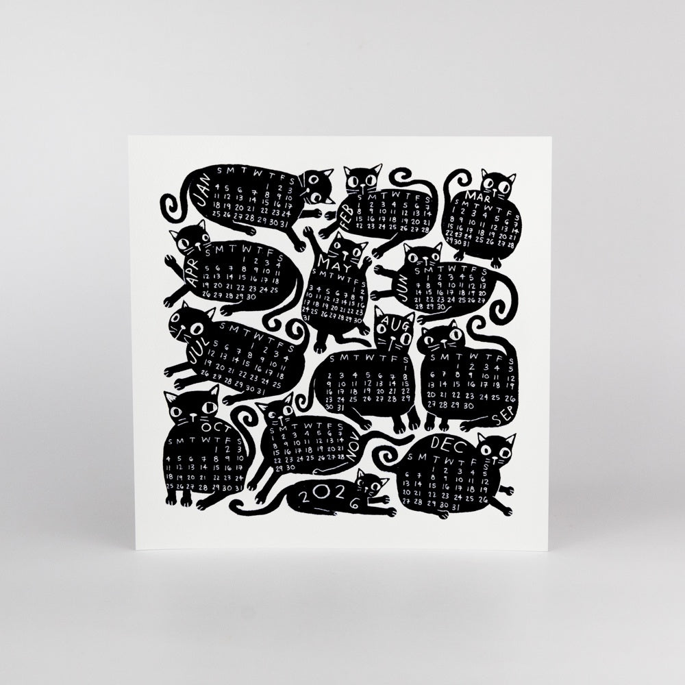 Calendar with black cat illustrations on a white background
