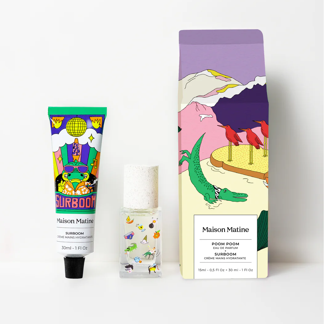 Hand cream tube and packaging with colorful design on a white background