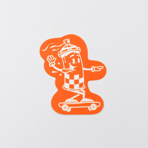A sticker of an orange and white illustration of a spray paint can skateboarding character on a gray background