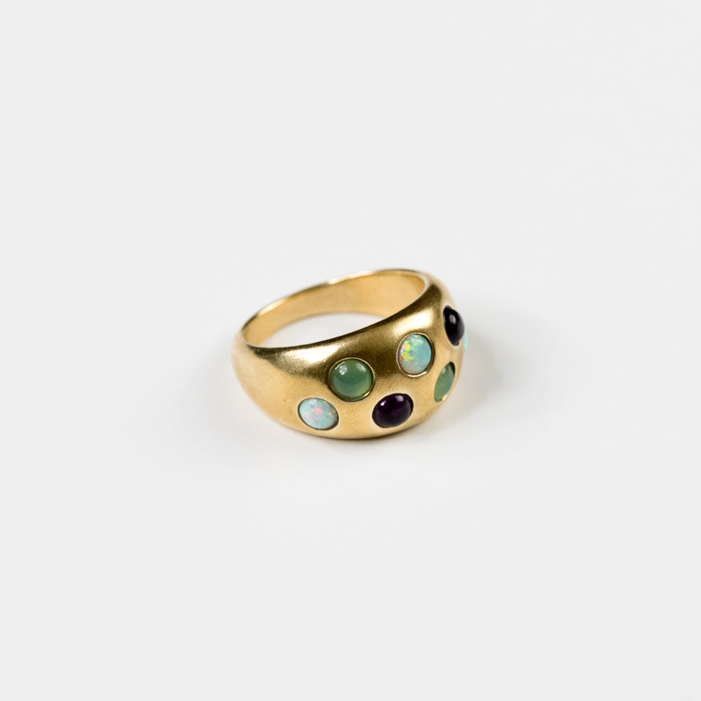 Wide Confetti Ring, Yellow Bronze - Teal Chrysoprase, Purple Lolite, Sparkly Opal by Take Shape Studio