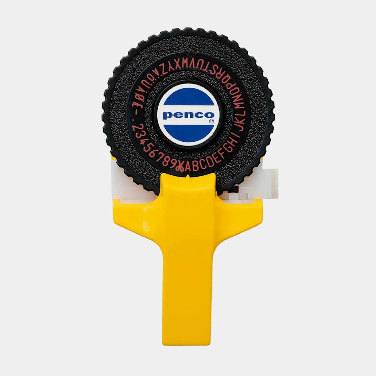 Denco label maker with black wheel and yellow handle on a white background