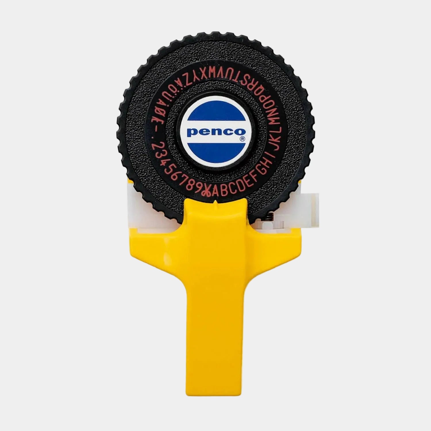Denco label maker with black wheel and yellow handle on a white background
