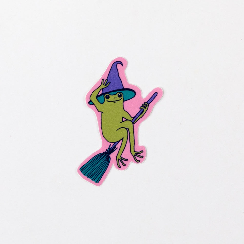 Sticker of a green frog in a witch hat on a blue broom on a pink background
