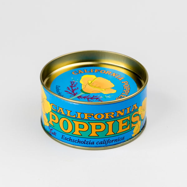 Can of California Poppies with blue label and gold accents on a white background