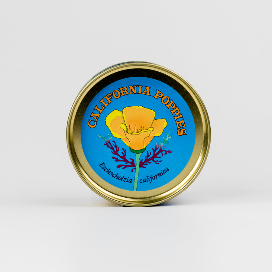 Can of California Poppies with blue label and gold accents on a white background