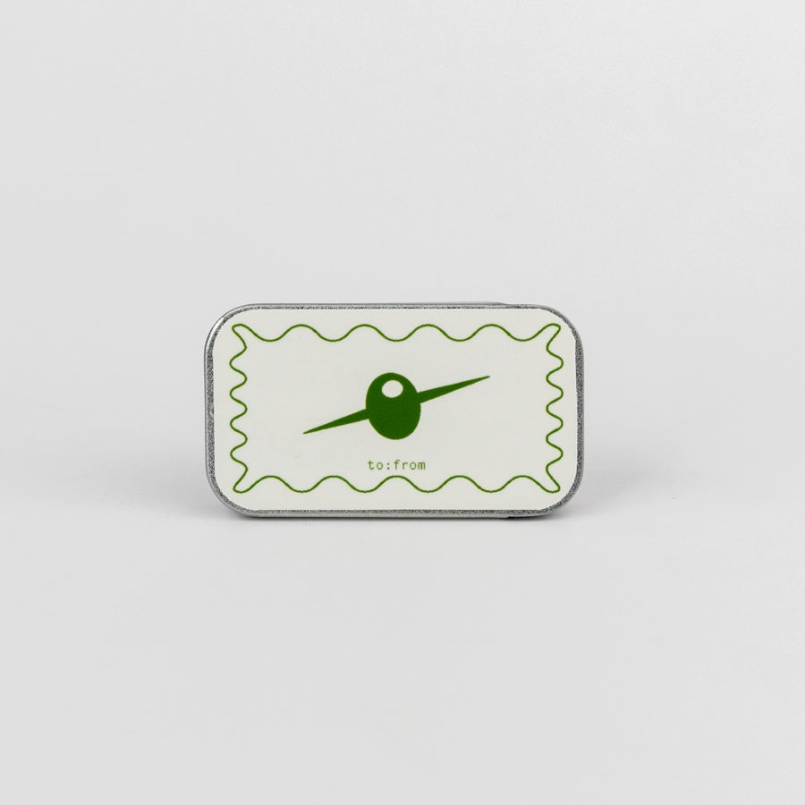 Small rectangular tin with a green logo on a light gray background