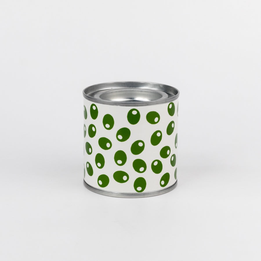 Tin can with green olive pattern on a white background