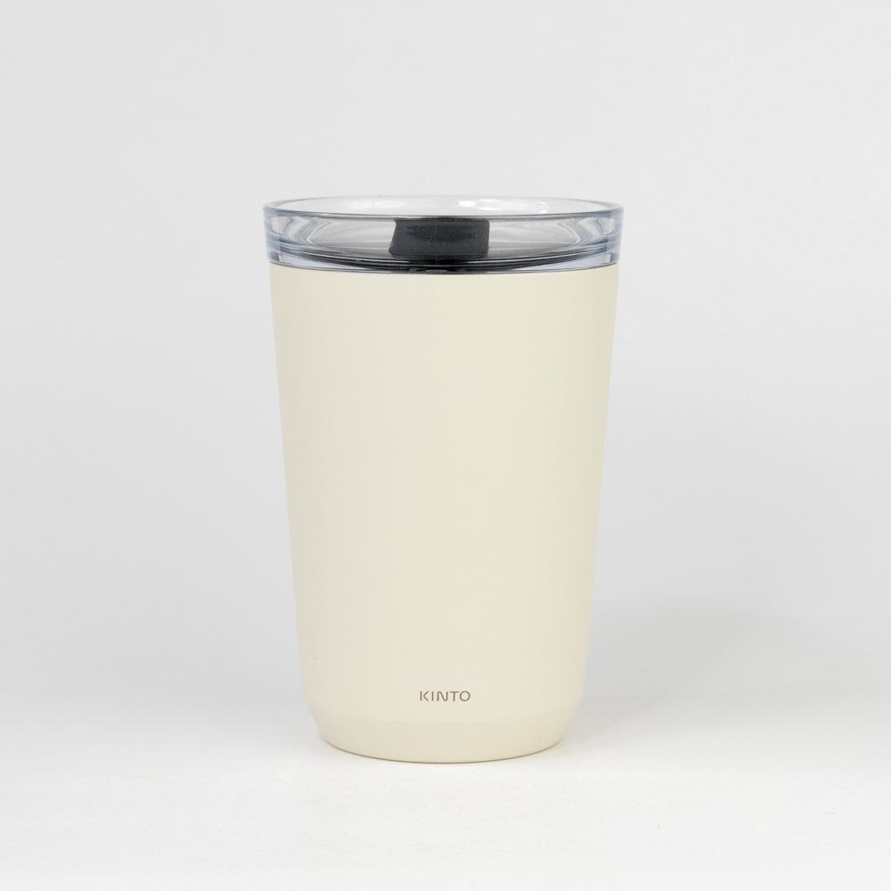 White tumbler with a clear lid on a white background, featuring the Kinto brand.