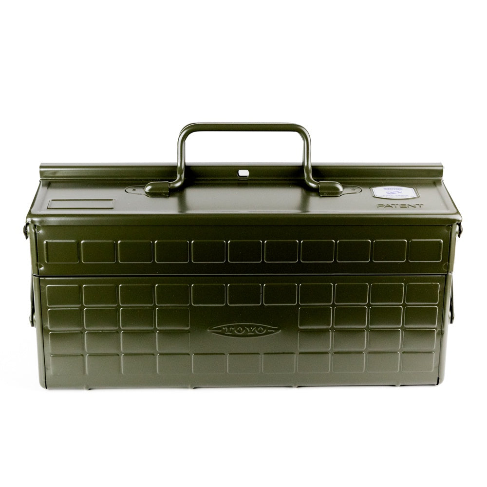 Green metal tool box with a handle on a white background