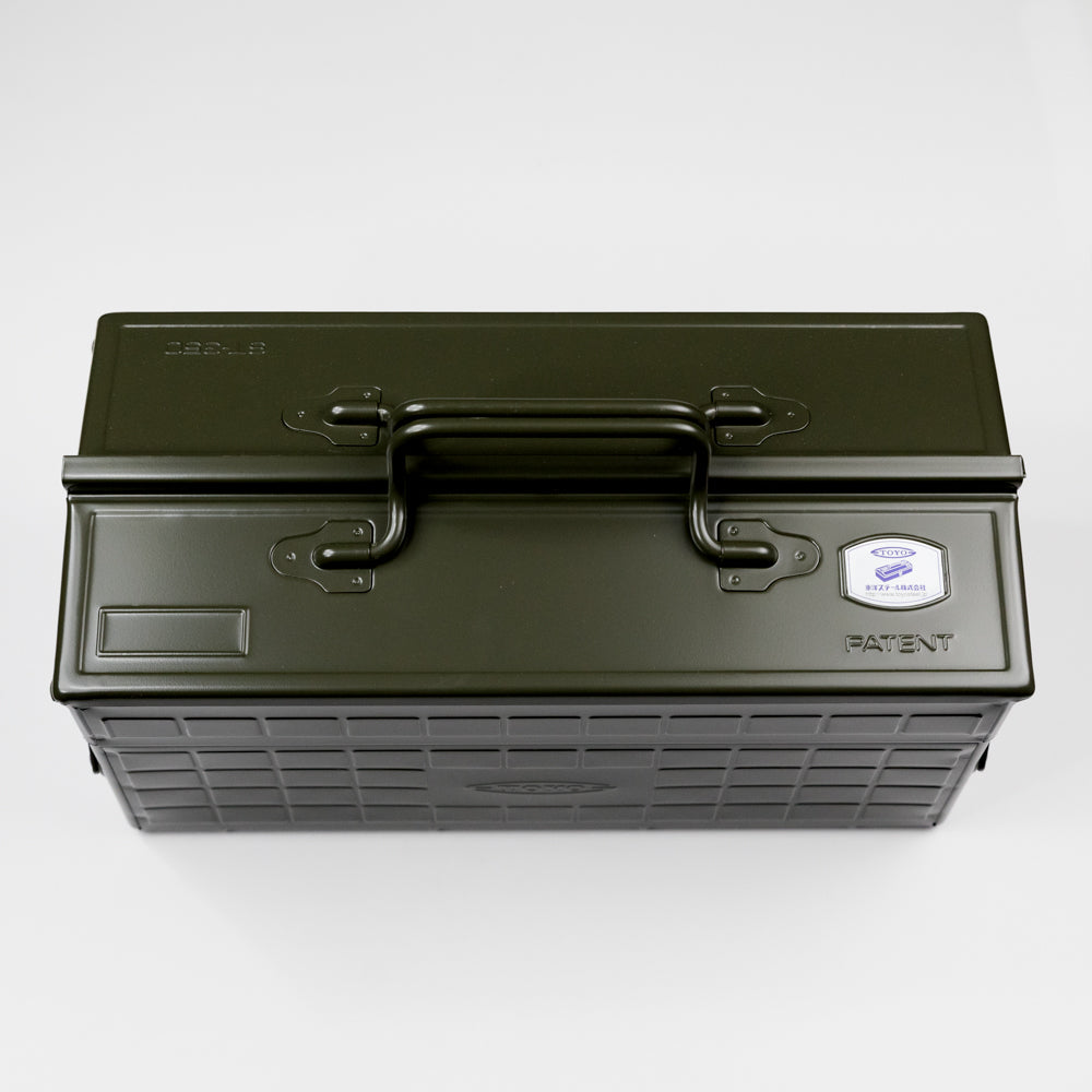Military metal toolbox with a handle on a white background