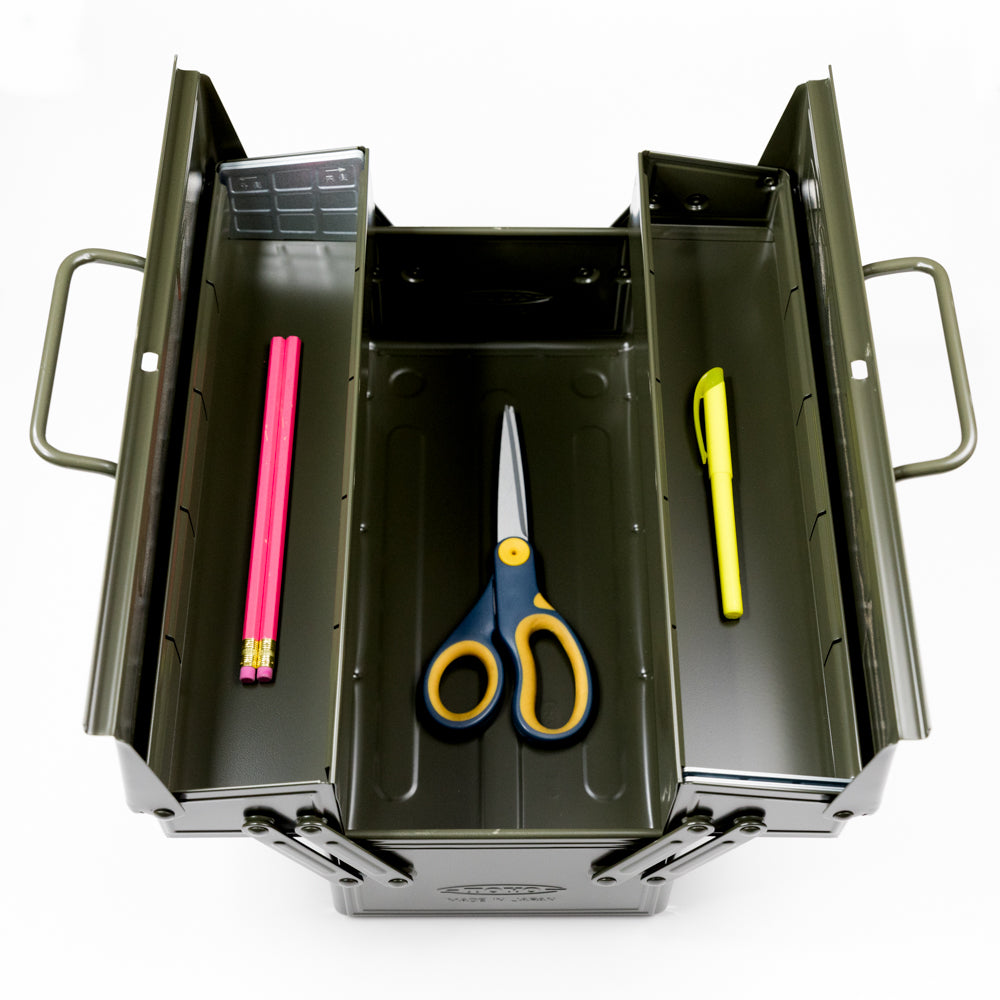 Open tool box with stationery items including a pink pencil, scissors, and a yellow highlighter on a white background.