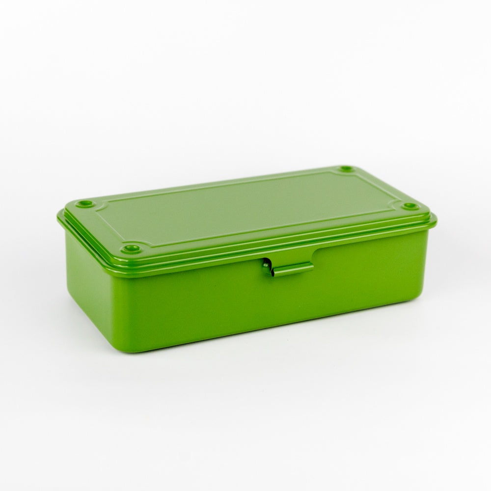 Green rectangular box with a lid on a white background