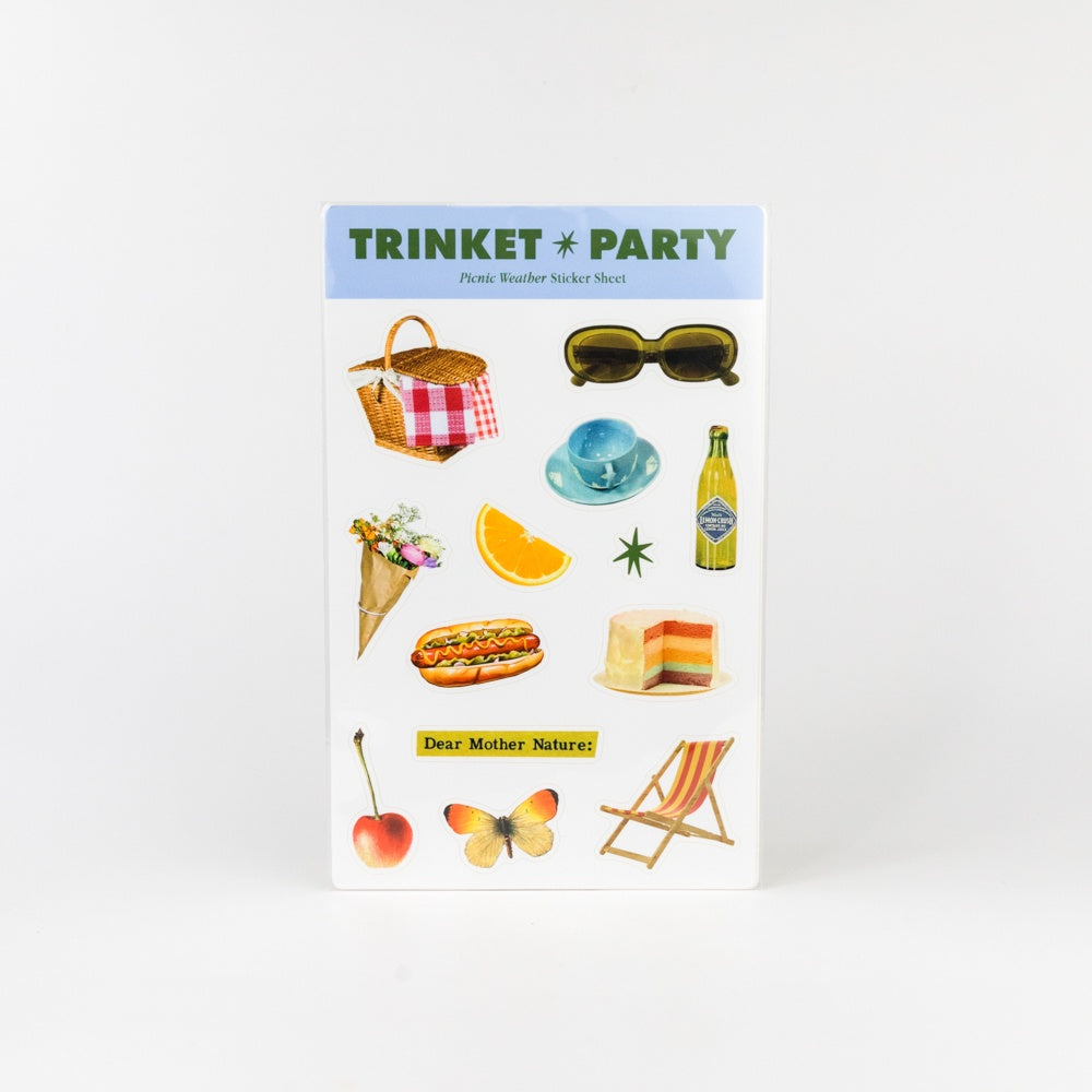 Sticker sheet packaging with illustrations and 'Trinket Party' branding on a white background