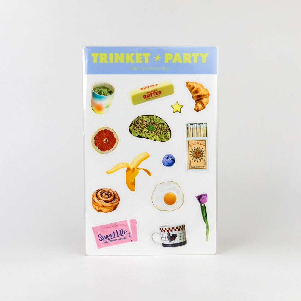 Pack of stickers with food-themed designs on a white background
