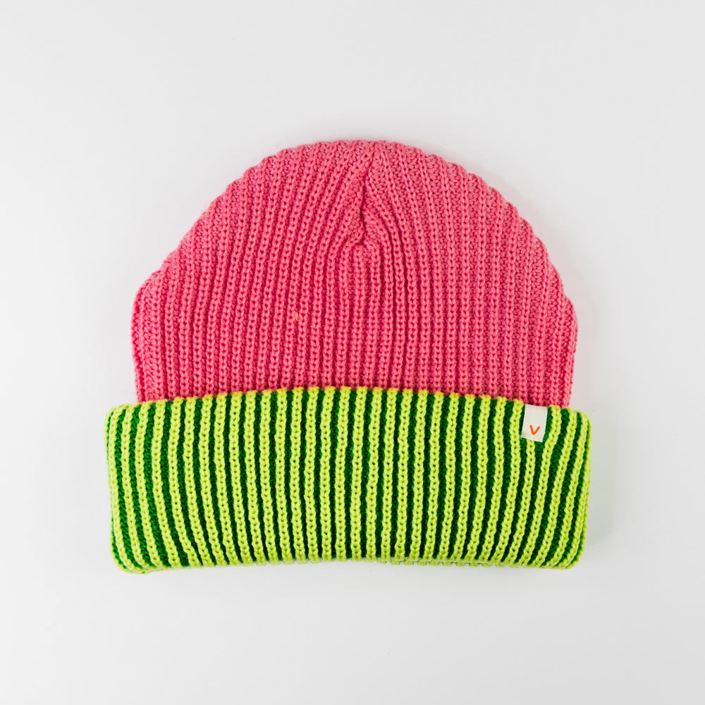 Stripe Cuff Plush Beanie - Pink Lime