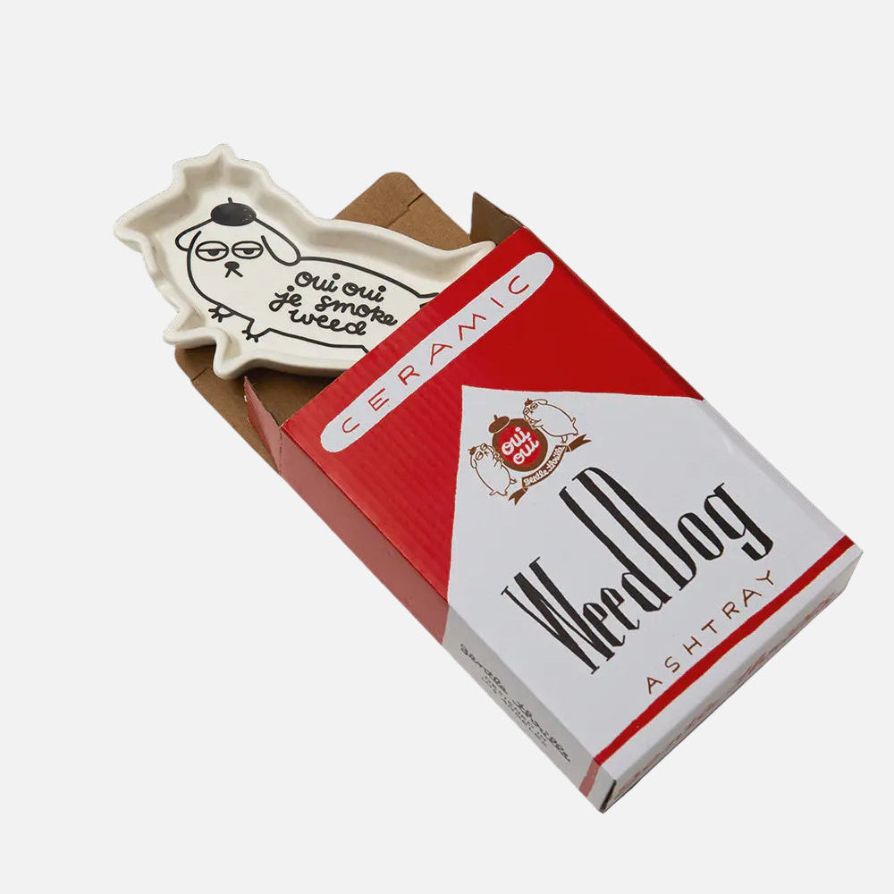 Ceramic ashtray with 'Weed Dog' branding on a white background