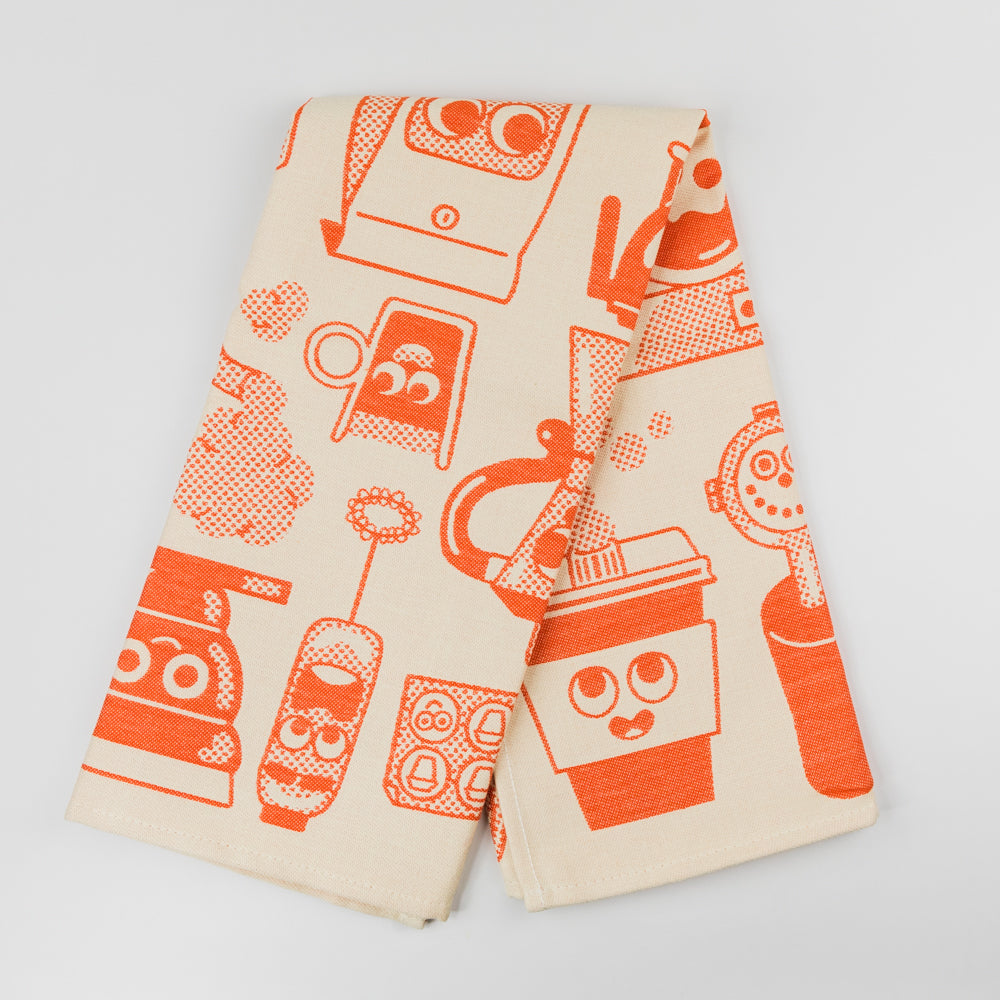 Tea towel with orange coffee-themed design and 'Coffee Time' text on a white background