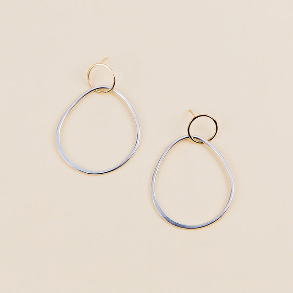 Interlocking Circle & Pear Post Earrings - Silver & Yellow Gold
