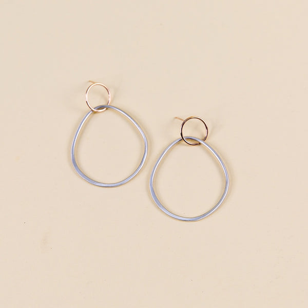Interlocking Circle & Pear Post Earrings - Silver & Rose Gold