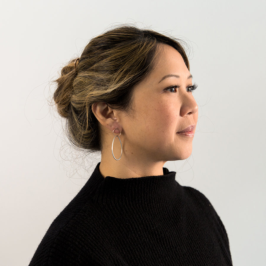 Interlocking Circle & Pear Post Earrings - Silver & Rose Gold (on model)