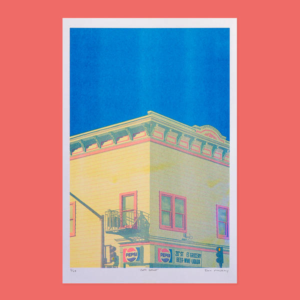 20th Street Risograph Print depictin a yellow building top with pink trim just above a convenience store with a Pepsi ad. 