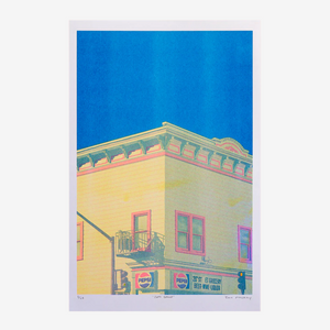 20th Street Risograph Print depictin a yellow building top with pink trim just above a convenience store with a Pepsi ad. 