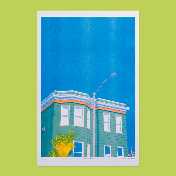 Green House Risograph Print  of a green building with a palm tree and light post in front of a very blue sky