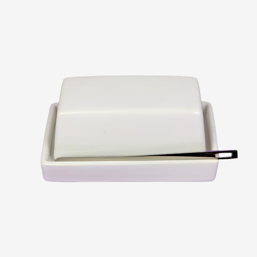 Butter Dish with Stainless Steel Knife - White